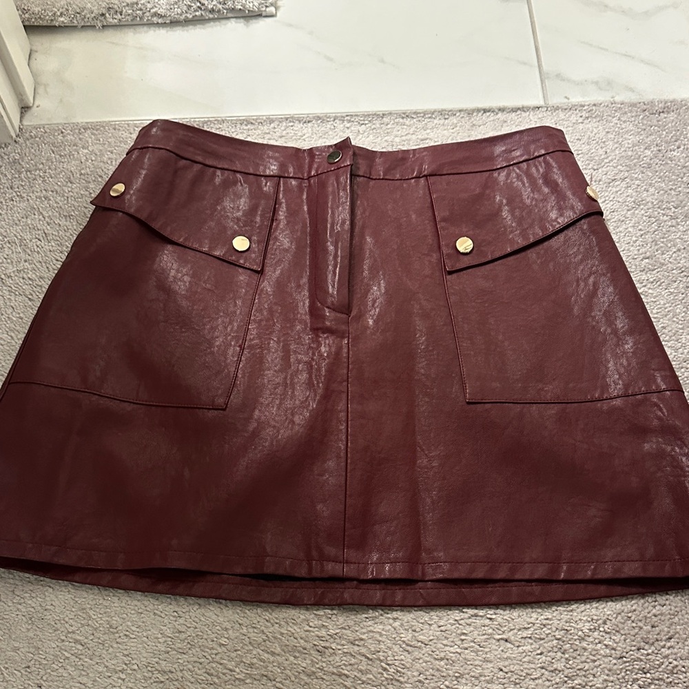 Zara Burgundy Faux Leather Mini Skirt with Gold Buttons